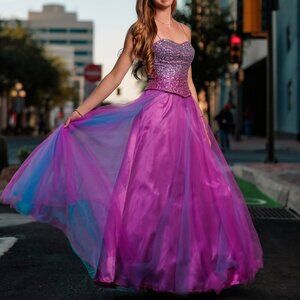 NWT Jovani Pink Purple Blue Mermaid Rainbow Sequin Tulle Princess Gown Dress